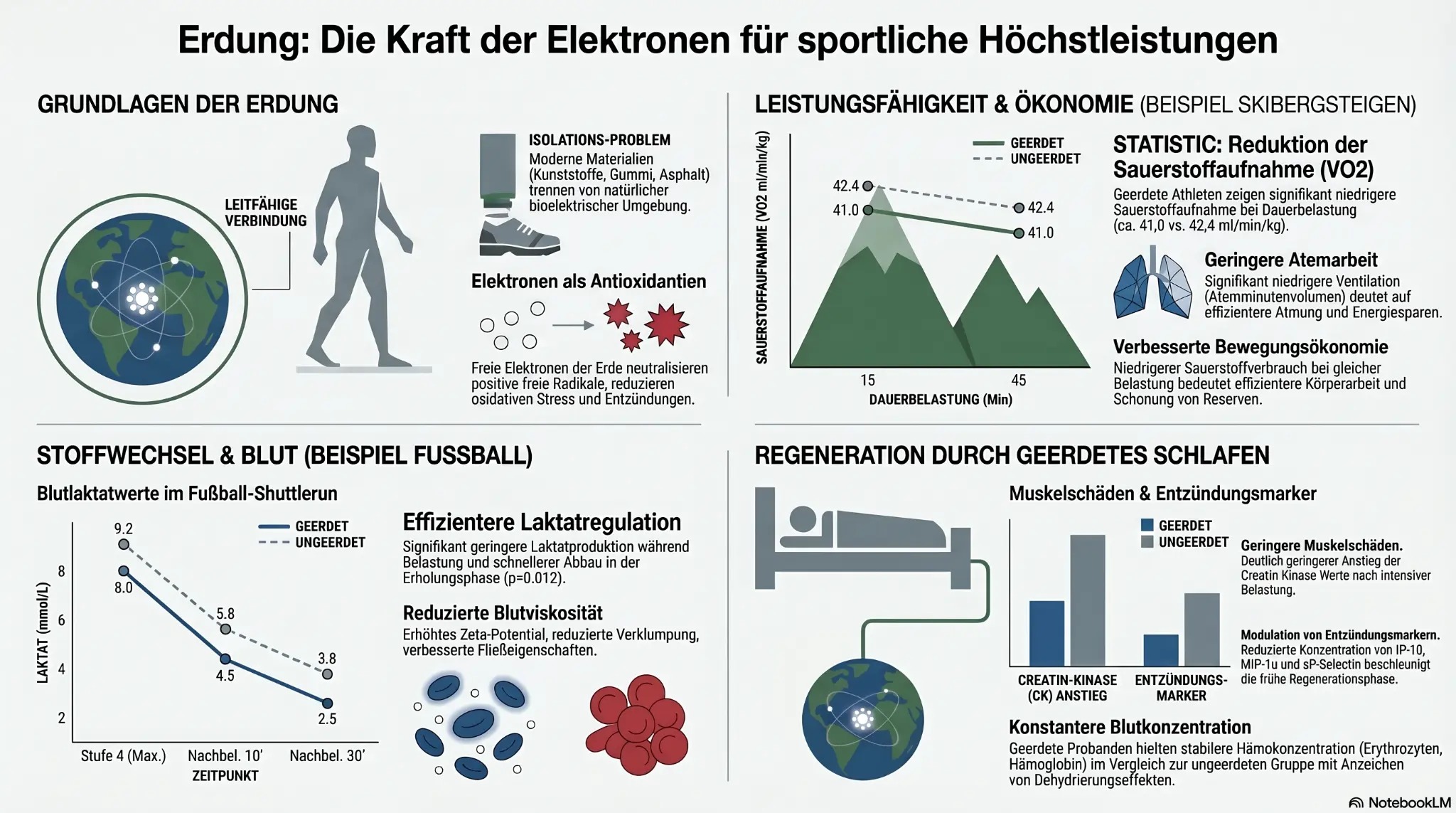 Infografik zu Erdung, Leistungsfähigkeit, Stoffwechsel und Regeneration im Sport